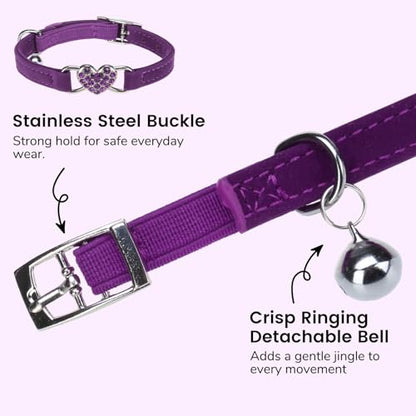 BINGPET Diamond Cat Collar with Bell, Adjustable Kitten Collar, Purple - color: Purple(Heart), size: Neck Girth 8"-10"