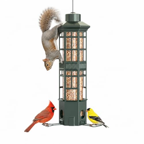 Metal Hanging Squirrel Proof Bird Feeders, Gravity Spring Closure System, Chew Resistant, Large Capacity, Weatherproof Bird Feeders for Outdoors, Olive Green