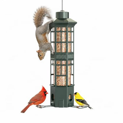 Metal Hanging Squirrel Proof Bird Feeders, Gravity Spring Closure System, Chew Resistant, Large Capacity, Weatherproof Bird Feeders for Outdoors, Olive Green