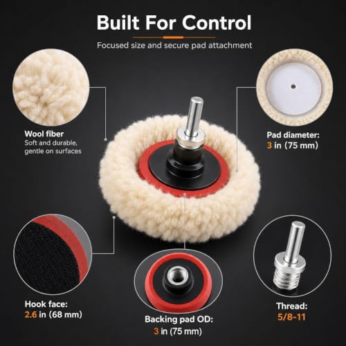QWORK Wool Polishing Pad Set, 5PCS 3 Inch 75mm Buffing Pads with Hook and Loop Backing Pad & Extension Shank for Drill Polisher, Car Paint Scratch Oxidation Removal
