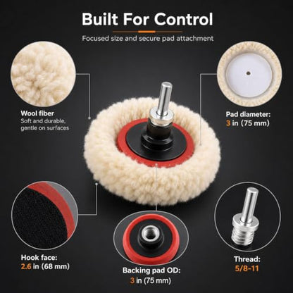 QWORK Wool Polishing Pad Set, 5PCS 3 Inch 75mm Buffing Pads with Hook and Loop Backing Pad & Extension Shank for Drill Polisher, Car Paint Scratch Oxidation Removal