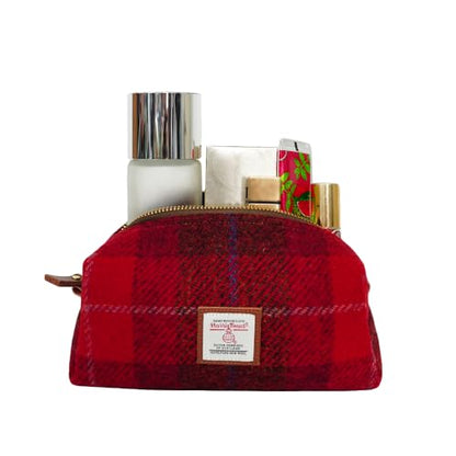 TAILORMAP Harris Tweed Wool Cosmetic Bag, Large Capacity Scottish Tartan Handmade Makeup Organizer, Stain-Resistant Travel Toiletry Pouch for Women (Red) - color: Red