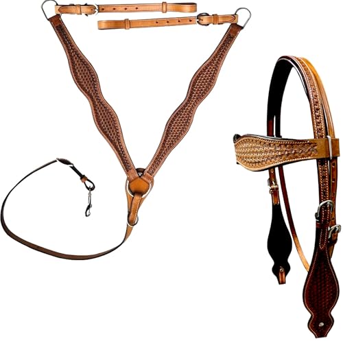 Majestic Ally Tooled Leather Western Headstall & Breast Collar Set – Handcrafted Leather, Classic Western Tack, Multiple Styles & Designs - style: 1007-NAT