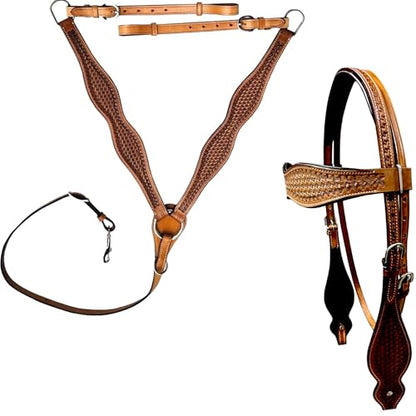 Majestic Ally Tooled Leather Western Headstall & Breast Collar Set – Handcrafted Leather, Classic Western Tack, Multiple Styles & Designs - style: 1007-NAT