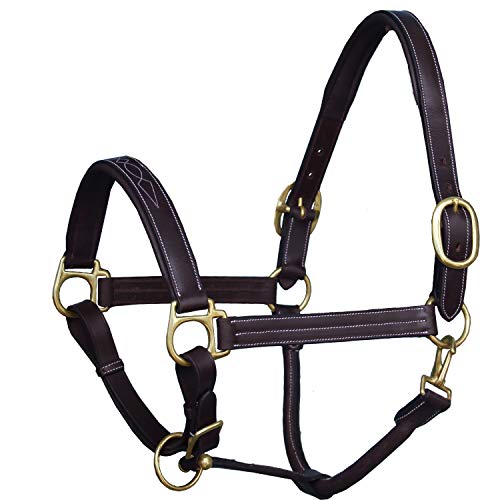 Leather Horse Halter with Fancy Stitching | Black & Brown Padded Halter with Brass Hardware | Quick-Release Snap | Adjustable Leather Halter – Cob, Full, Over, Pony Sizes - size: Cob/ Medium Size