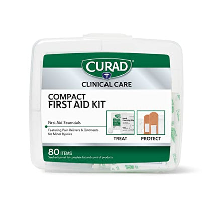 Curad Compact First Aid Kit with Over-The-Counter Medicine, Flex-Fabric and Butterfly Bandages, Antibiotic Ointment, Cleansing Towelettes, Alcohol Prep Pads, Acetaminophen, Carry Case, 80 Count
