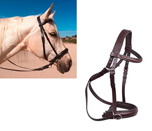 Hulara Genuine English Leather Crossover | Crossunder Bitless Horse Bridle Headstall with Reins - color: Brown, size: Cob