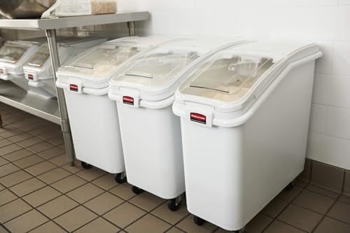 Rubbermaid Commercial Products ProSave Shelf-Storage Ingredient Bin With Scoop, 600-Cup capacity, Plastic, White, Sliding Lid, Container with Wheels for Kitchen/Restaurant Food Organization - size: 600 Cup