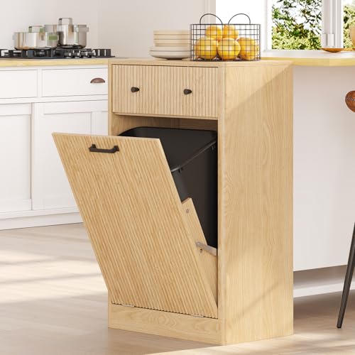 10 Gallon Tilt Out Trash Can Cabinet with Drawer, Hidden Trash Bin Storage & Laundry Hamper Cabinet, Pet Proof Trash Can Holder for Kitchen, Laundry Room & Bathroom, Oak - color: Oak
