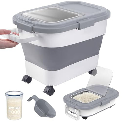 HOYTAMDA 20-30Lbs Rice Container,Collapsible Food Storage Container Wheels - color: Grey/20-30lbs