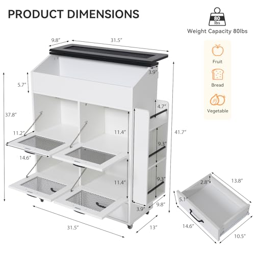 Verano Garden 31.5" Large Potato and Onion Storage Bin on Wheels, Bread Box - color: White, size: 31.5"
