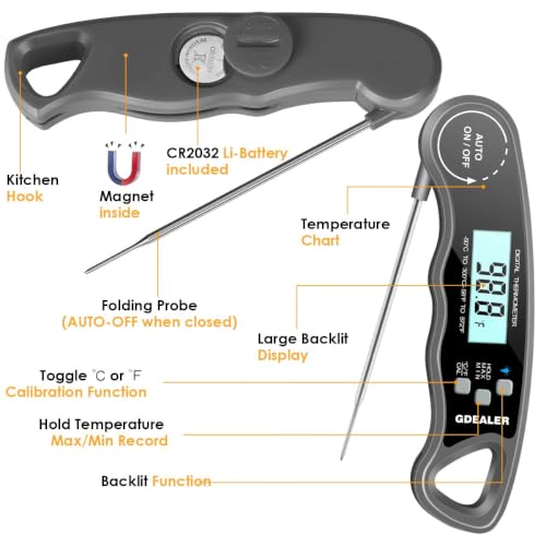 GDEALER Meat Thermometer Digital Instant Read Food Thermometer Waterproof Ultra-Fast for Grill Cooking Kitchen with Backlight & Calibration - color: Grey