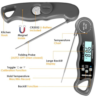 GDEALER Meat Thermometer Digital Instant Read Food Thermometer Waterproof Ultra-Fast for Grill Cooking Kitchen with Backlight & Calibration - color: Grey