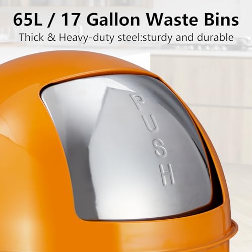 17 Gal / 65L Push Lid Trash Can Commercial Grade Heavy Duty Tall Commercial Trash Can Brushed Stainless Steel for Outdoor | Kitchen Waste Bins for Home, Office, Restaurant, Restroom(Orange)