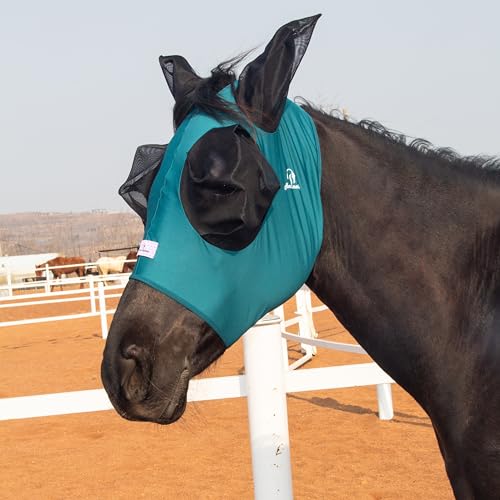 Stretchy Fly Mask for Horses, Mane Opening Design, Large Eye Space, Breathable & Soft on Skin (Forest Green, Cob (Medium)) - color: Forest Green, size: Cob (Medium)