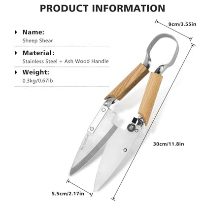 Berry&Bird Hand Shears, Single Bow Straight for Wool Sheep Shear for Alpaca, Pet, and Horse Shearing, Stainless Steel Large Grass Scissors for Cutting, Gardening, Pruning, and Trimming - 11.8'' Long