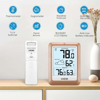 Indoor Outdoor Thermometer Wireless Weather Station, Internal External Thermometer Hygrometer, Home Batteryoperated Temperature Humiditymonitors330 Feet (About 100 Meters) Backlight Display (Khaki) - color: khaki