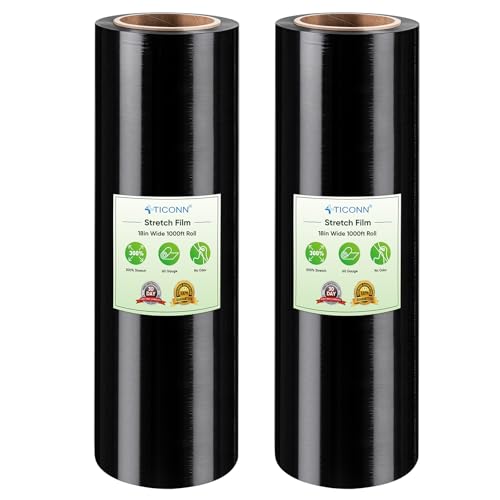 TICONN Stretch Wrap Roll, 18 in x 1000 ft Plastic Wrap for Moving Furniture | Odorless Industrial Strength Stretch Film, 300% Stretchability, Self-Adhering, Ideal for Furniture, Box Protection - style: 18''-2PK Black (No handle)