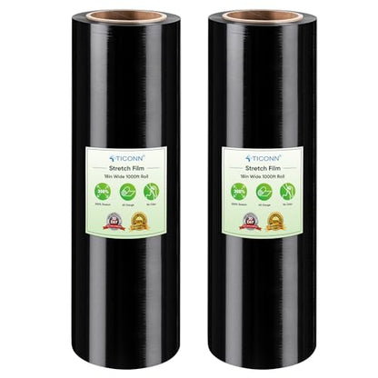 TICONN Stretch Wrap Roll, 18 in x 1000 ft Plastic Wrap for Moving Furniture | Odorless Industrial Strength Stretch Film, 300% Stretchability, Self-Adhering, Ideal for Furniture, Box Protection - style: 18''-2PK Black (No handle)