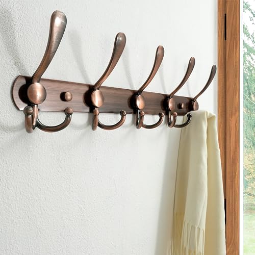 Dseap Wall Mounted Coat Rack - 5 Tri Hooks, Heavy Duty, Stainless Steel, Metal Coat Hook Rail for Coat Hat Towel Purse Robes Mudroom Bathroom Entryway,Antique Copper - color: Antique Copper, size: L=16" (1 Pcs)