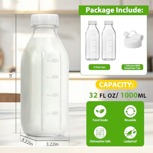 CUCUMI 2 Pack 32 Oz Glass Milk Bottle with Reusable Lid | for Almond Milk, Oat/Nut Milk, Water Jug Breast Milk Pitcher,Juice Bottles for Buttermilk, Nut, Juice, Syrup, Coffee Creamer - color: 2pcs-32oz