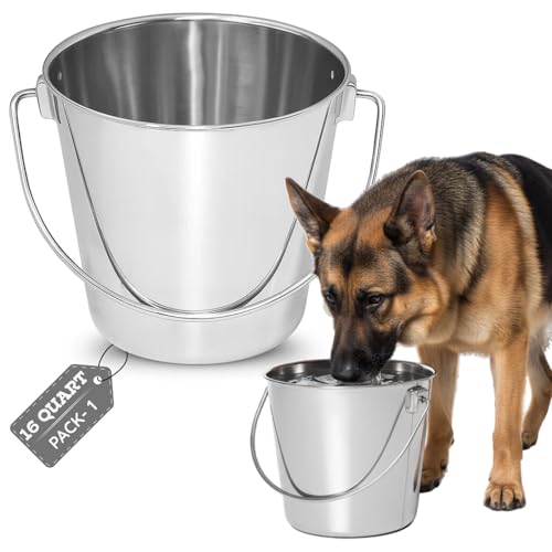 16 quart Heavy Duty Stainless Steel Round Bucket with Handle | 4 gal Sturdy Food & Water Bowl for XL Dog Goat sheep Horse & Livestock | Fits kennel Crate Cages Farm | Hanging Utility Pail - size: 16 Quarts