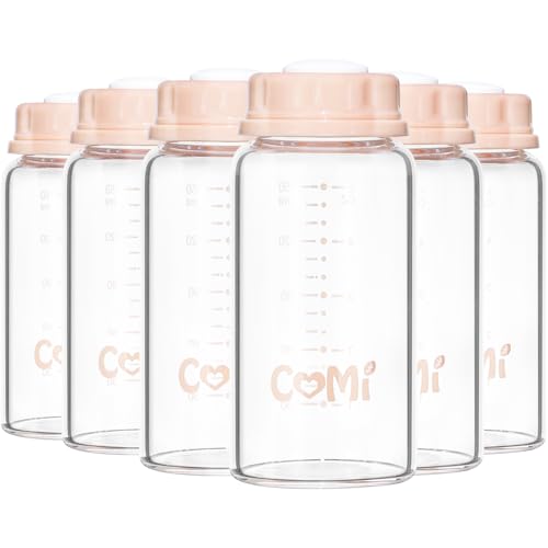 COMI Natural Glass Baby Bottle,Standard Neck Breastmilk Storage Bottle for Fridge,Breast Milk Container,Breast Pump Bottle Compatible with Medela Breast Pump,BPA Free,6PCS (5oz,6 Pink Lids) - style: 6Pink