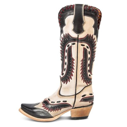 Yishaweiqi Embroidered Cowboy Boots for Women Mid Calf Cowgirl Boots Side Zipper Chunky Heel Snip Toe Knee High Western Boots - color: Black White, size: 8.5