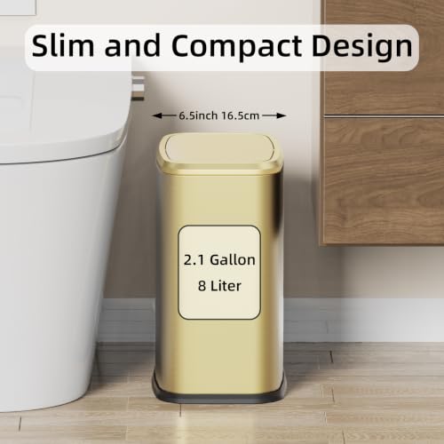 8L/2.1 Gallon Small Bathroom Trash Can with Lid, Swing-Top Rectangular Waste Bin, Stainless Steel Garbage Can for Home, Office, Toilet, Bedroom, Living-Room (Gold) - color: Gold