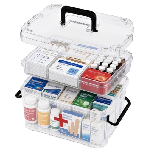 15QT Clear Medicine Organizer Box with Handle, Plastic Dorm Medicine Box with Tray, Empty First Aid Boxes, Thickened Medicine Storage Organizer, Multipurpose Medication Organizer Storage, Clear - color: Clear