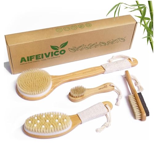 Dry Brushing Body Brush, Natural Boar Bristle Dry Brush, Bamboo Exfoliating Body, Face, Foot, Long Handle Back Scrubber Brush, Meridian Pressure for Lymphatic, Cellulite