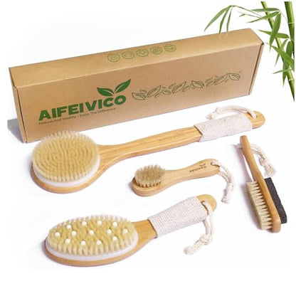 Dry Brushing Body Brush, Natural Boar Bristle Dry Brush, Bamboo Exfoliating Body, Face, Foot, Long Handle Back Scrubber Brush, Meridian Pressure for Lymphatic, Cellulite
