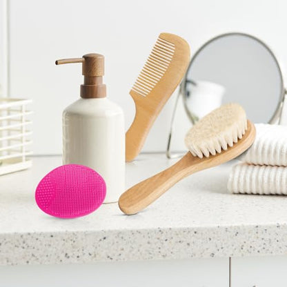 Baby Hair Brush with Wooden Handle and Comb Set for Newborns & Toddlers | Natural Soft Goat Bristles l Wood Comb l Rose Red Cradle Cap Brush | Ideal for Cradle Cap (3 Piece) - color: 3pcs(rose Red Cradle Cap Brush+hair Brush+wood Comb)