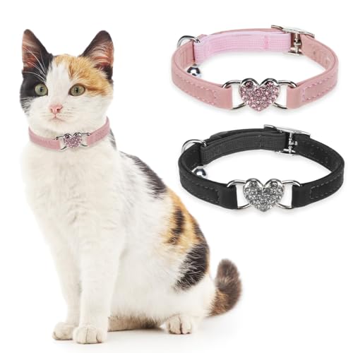 BINGPET Diamond Cat Collar with Bell, Adjustable Kitten Collar, Pink&Black - color: Pink & Black(Heart), size: Neck Girth 8"-10"
