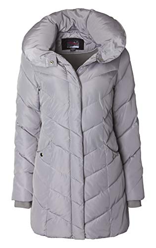Sportoli Womens Winter Fleece Lined Chevron Quilted Puffer Jacket Coat with Hood - color: Steel Grey, size: Small