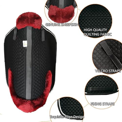 Woolous Dressage Saddle Pad, English Saddle Pad with Sheepskin Trim, Lambskin Wool Fleece Lining, Square Saddle Pad for Equestrian Riding, Comfortable & Shock Absorbing - color: Black/Red