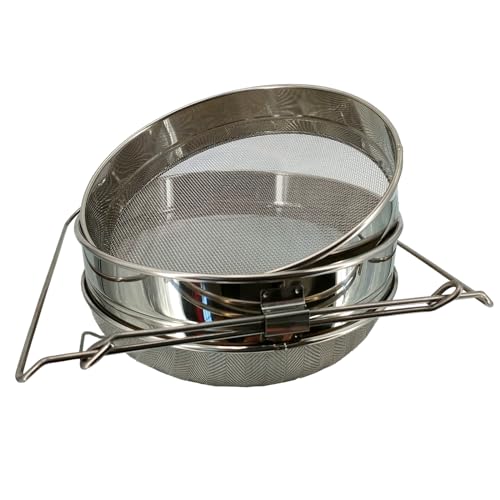 Honey Strainer,Double Sieve 304 Stainless Steel,for 5 Gallon Bucket | Double-sieve stainless steel strainer with adjustable arms, designed for filtering honey into buckets, pails, and honey tanks