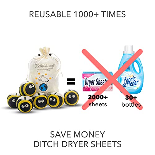 Friendsheep Wool Dryer Balls, Organic Reusable Fabric Softener Alternative for Laundry, Handmade, Fair Trade, Hypoallergenic, Eco-Friendly, Plastic-Free (6 Pack XL – Busy Bees) | Reusable fabric softener alternative Organic wool, handmade, fair trade, hyp