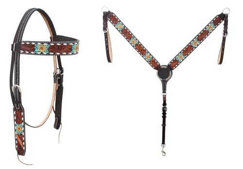 CHALLENGER Horse Western Leather Tooled Headstall Bridle Breast Collar Tack Set 78HRBrowbandSet - color: Brown Leather, Turquoise inlay