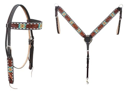 CHALLENGER Horse Western Leather Tooled Headstall Bridle Breast Collar Tack Set 78HRBrowbandSet - color: Brown Leather, Turquoise inlay
