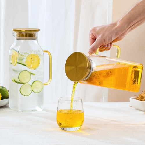 2 Pack 2 Liters/68 oz Square Glass Pitcher with Lid and Handle for Fridge, Iced Tea and Coffee Carafe Beverage Serveware, Heat Resistant Borosilicate Water Gold Jug for Hot/Cold Drinks and Milk - size: 68 oz Gold