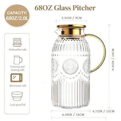 Amzcku Glass Pitcher with Lid 68oz 2L Vintage Water Carafe Beverage 1Pack - size: 68 Ounces (1 Pack)