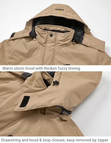 Men's Winter Ski Jacket Warm Fleece Waterproof Outdoor Mountain Hiking Windbreaker Hooded Snow Rain Coat - color: Khaki, size: Medium