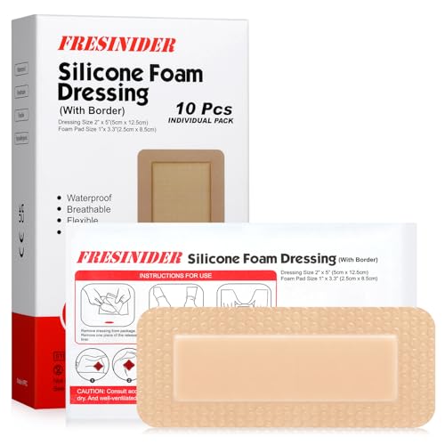FRESINIDER 2" x 5" Pack of 10 Silicone Foam Wound Dressing - Waterproof Adhesive Bandages with Bordered - Super Absorbent & Breathable for Optimal Wound Care - color: 2" X 5", 10 Pack