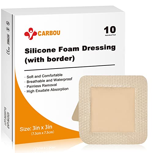 Carbou Silicone Foam Dressing with Gentle Border, 3"x3", 10 Pack | Adhesive Waterproof Wound Dressing Bandage, High Absorbency Pad, Foam Bandage for Wound Care - size: 3x3 Inch (Pack of 10)