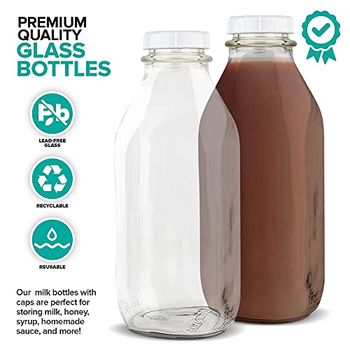Stock Your Home Liter Glass Milk Bottles (2 Pack) - 32-Oz Milk Jars with Lids - Food Grade Glass Bottles - Dishwasher Safe - Bottles for Milk, Buttermilk, Honey, Maple Syrup, Jam, BBQ Sauce - size: 32oz, style: 2 Pack