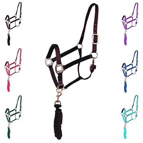 Majestic Ally Halter with Lead Rope for Horses–Adjustable Chin and Crown–Rolled Throat Latch with Replaceable Snap–Padded Noseband–Heavy Duty Rose Gold Finish Hardware - color: Black