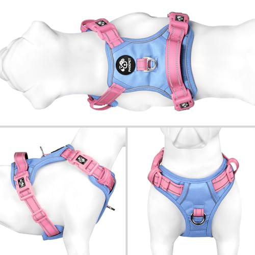 PHOEPET No Pull Dog Harness, Unique Colors Reflective Adjustable Dog Vest - color: Baby Blue Base & Pink Straps, size: Medium
