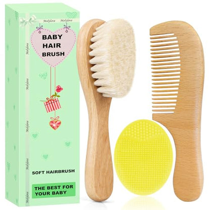 Baby Hair Brush with Wooden Handle and Comb Set for Newborns & Toddlers | Natural Soft Goat Bristles l Wood comb l Yellow Silicone Brush| Ideal for Cradle Cap (3PCS) - color: 3PCS(Yellow Cradle Cap Brush+Hair Brush+Wood Comb)