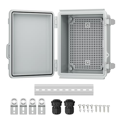 Joinfworld Outdoor Electrical Box Waterproof 8.7x6.7x4.3 | IP67 Waterproof Outdoor Junction Box, Stainless Latch, DIN Rail & 2 NPT1/2 Glands for Solar, Network, Irrigation & DIY - size: 8.7"x6.7"x4.3"
